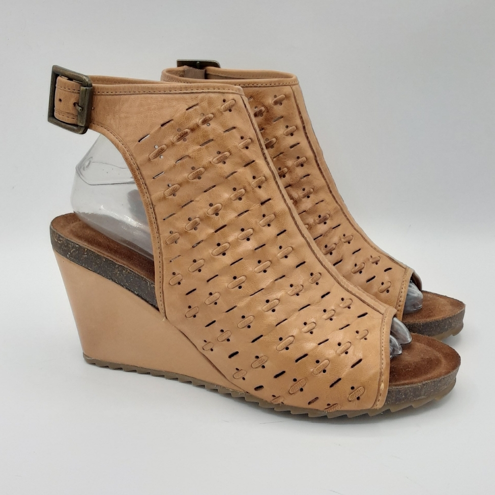 Diba True Leather Boho Tan Perforated Wedge Sandals.